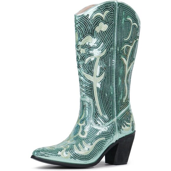 Women's Sequin Green Fashion Western Zipper Pointed Toe Embroidered Boots - Picture 1 of 6